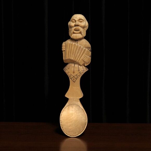 Vintage 1999 Accordion Player Spoon: Koctpoma Hand-Carved Russian Folk Art - Picture 1 of 8